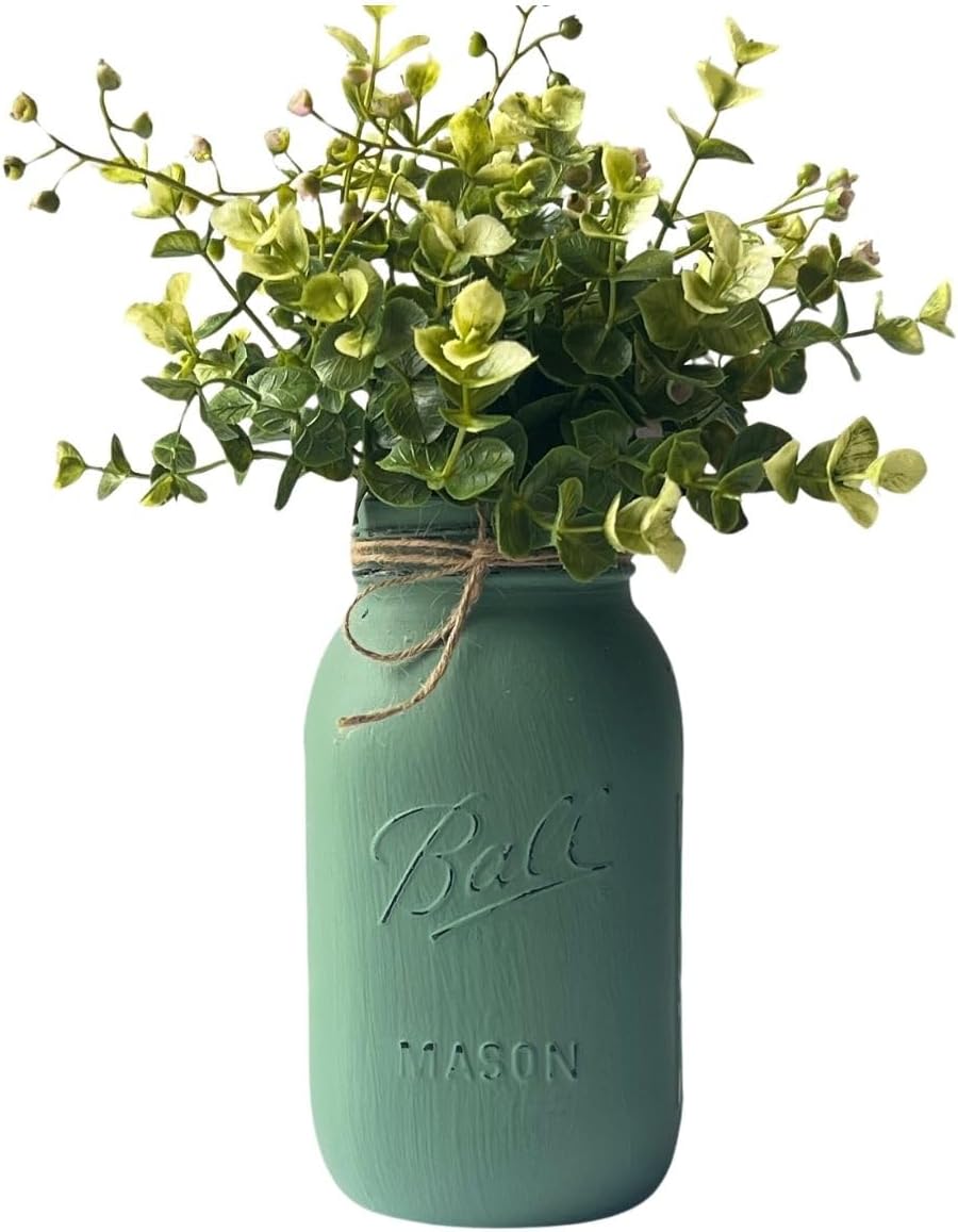 Sage Green Floral Centerpiece - Mason Jar with Artificial Flowers – Rustic Centerpiece for Boho Wedding, Minimalist Sage Green Dining Table Centerpiece, Sweet 16 (Sage Green Jar w/Greenery)