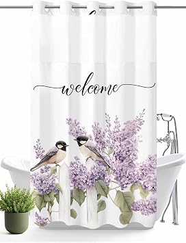 Teamery No Hook Shower Curtain with Snap in Liner, Watercolor Lavender Flowers Bird Curtain Set See-Through Top Double Layers Fabric Shower Curtains Idyllic Scenery for Bathroom Decor, 36x72in
