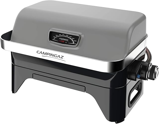 Campingaz Gas BBQ Attitude2go CV, Low-Smoking Portable Barbecue, Camping Grill, Tabletop Grill, Barbecue with Lid, Thermometer and Cast Iron Grid, Runs on CV 470 Plus Gas Cartridge, Grey