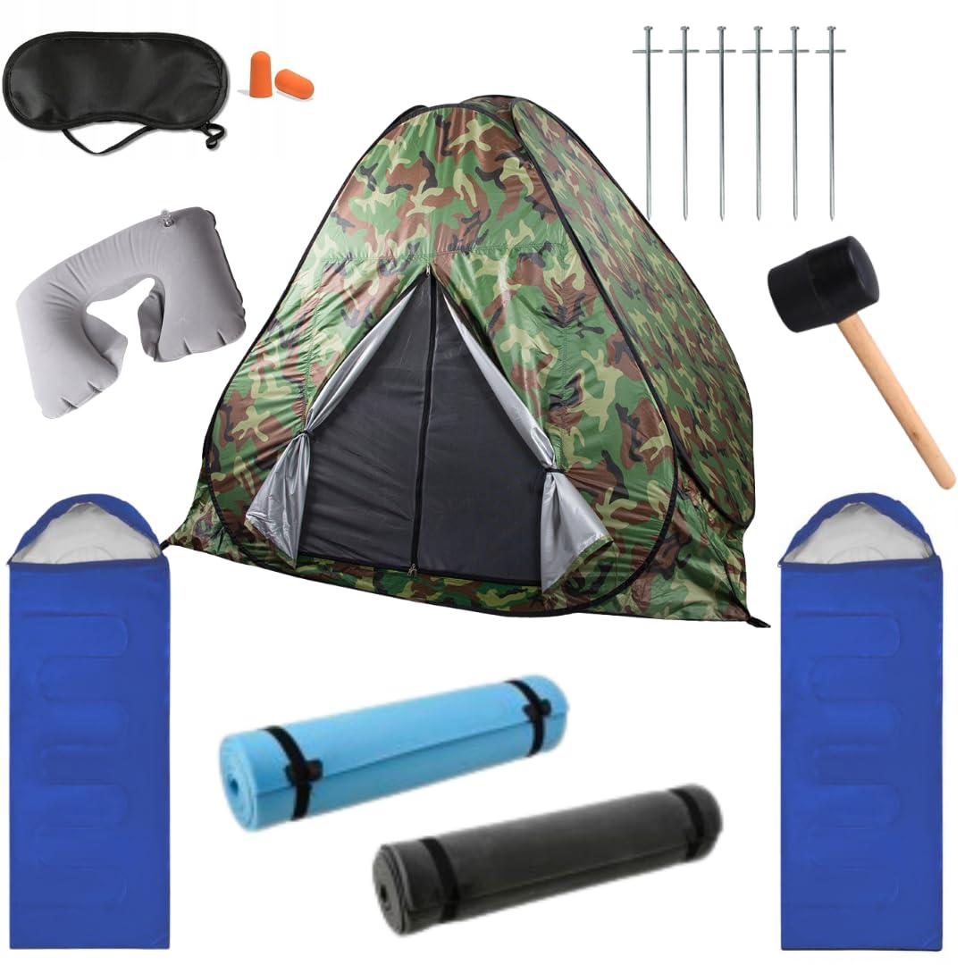 2 Personen Camping Zelt Set Festival I Pop-Up Zelt, 2 Isomatten, 2 Schlafsäcke, 2 Nackenkissen, 2 Schlafmasken, 2 Ohrenstöpsel, Hammer I Pop Up Zelt 2 Mann I Wurfzelt wasserdicht