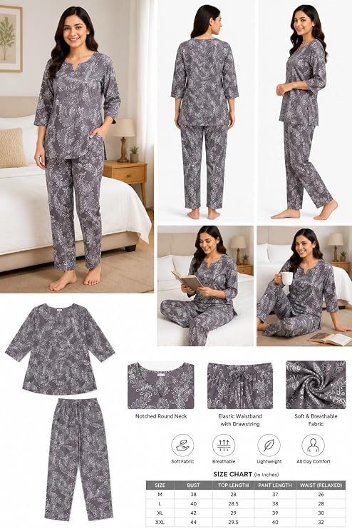 Image of Vlazom Women's Pure Cotton Printed Night Suit Pack of 2 | Soft Breathable Cotton Top & Pajama Set | Half Sleeve Sleepwear & Loungewear | Comfortable Nightwear for Women | Regular Fit