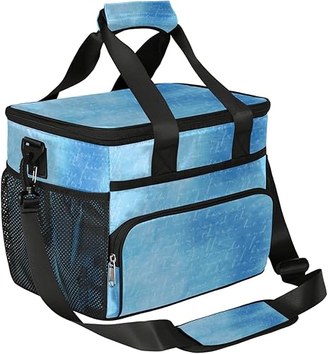 Bolsa de almuerzo reutilizable extragrande con asa reforzada, correas de hombro ajustables extraíbles, a prueba de fugas, con texto azul de