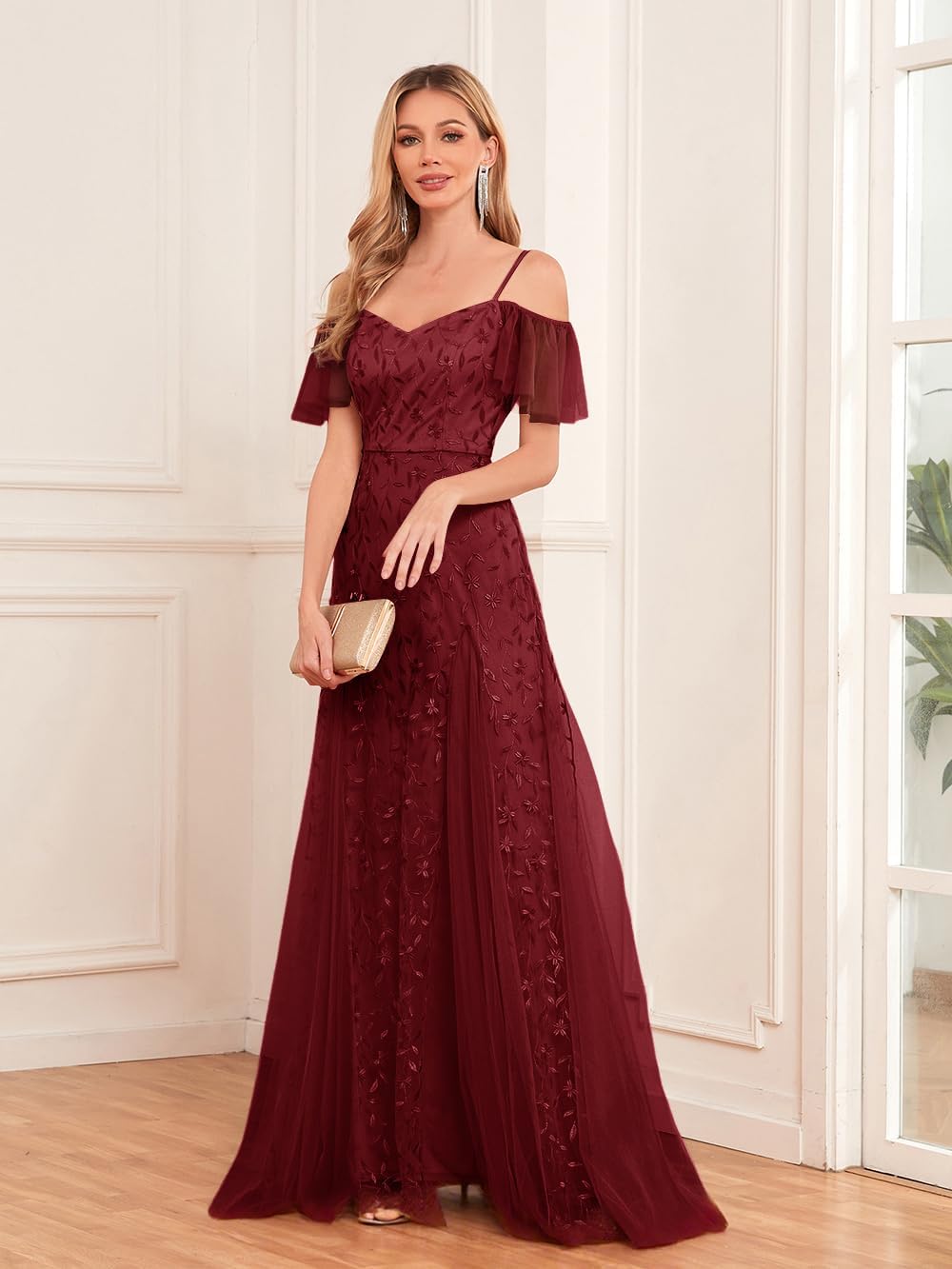 Women Long Formal Dress Evening Gowns Off Shoulder Short Sleeves Sequin Tulle Party Gown Wedding Guest Dresses Burgundy S - Image 2