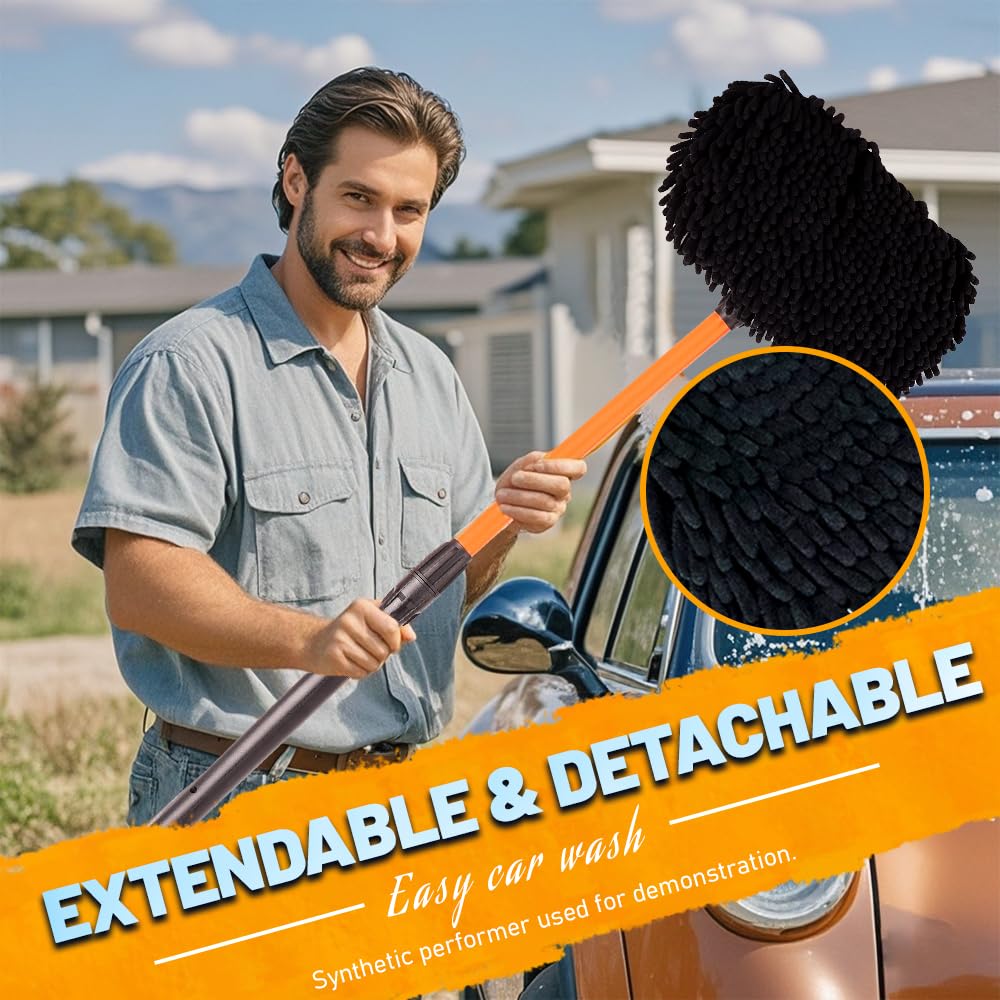 Cepillo de microfibra para lavado de coche, mango extensible, sin arañazos, ajustable a 180°, suministros de limpieza de automóviles, color naranja
