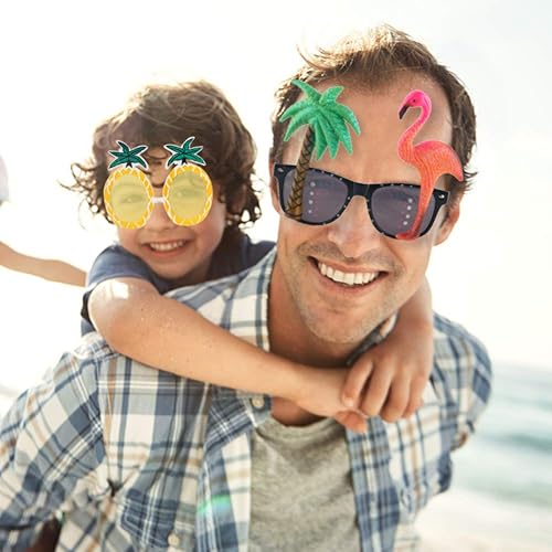 Vista 5 de POPLAY 4 pares de gafas de sol Luau para fiesta, divertidas gafas de sol tropicales hawaianas, flamenco, coco, piña, guacamayo, playa, accesorios