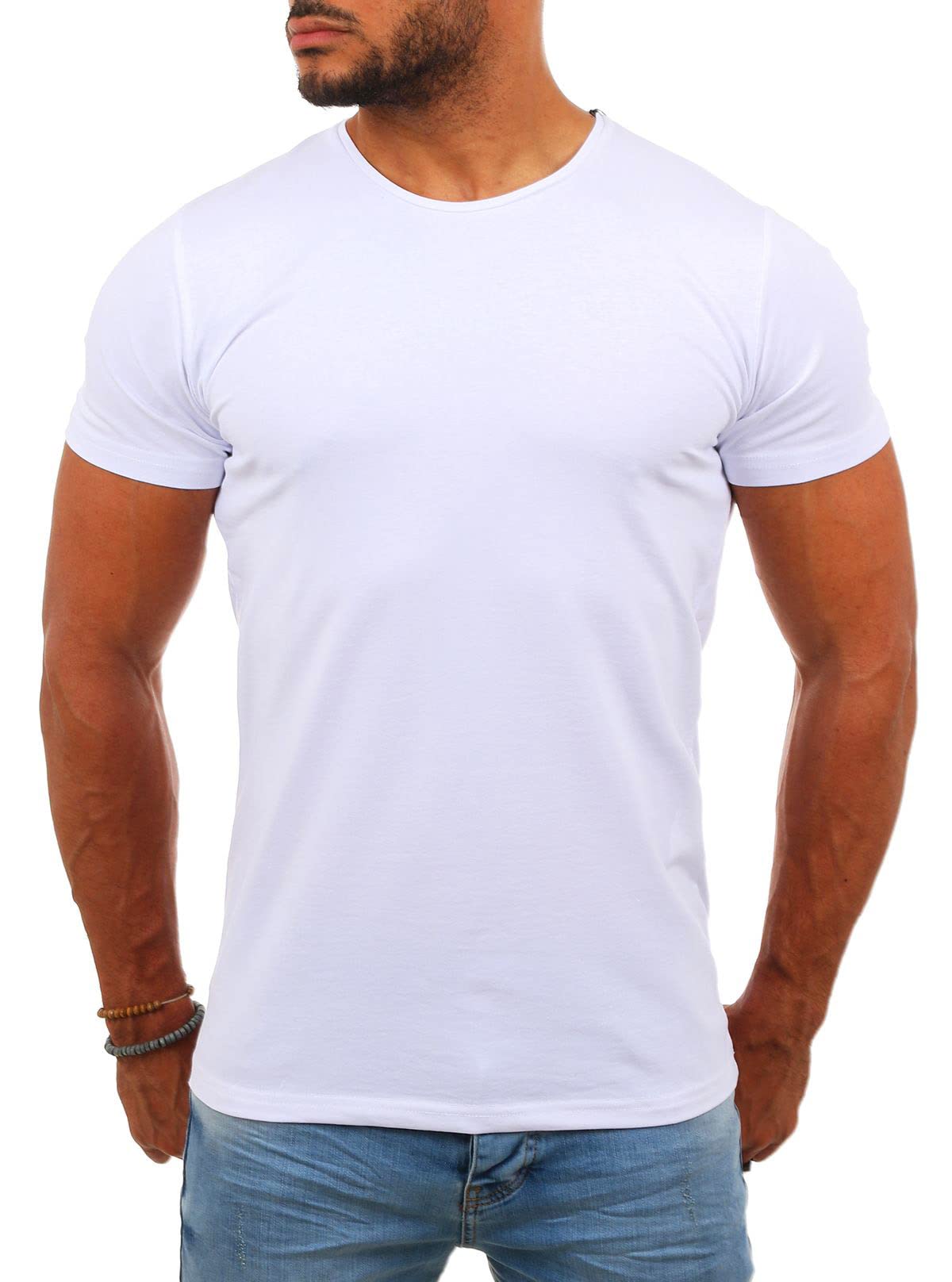 Young & Rich Herren Uni Basic T-Shirt mit Rundhals Ausschnitt einfarbig Stretch körperbetonte Dehnbare Passform 1701
