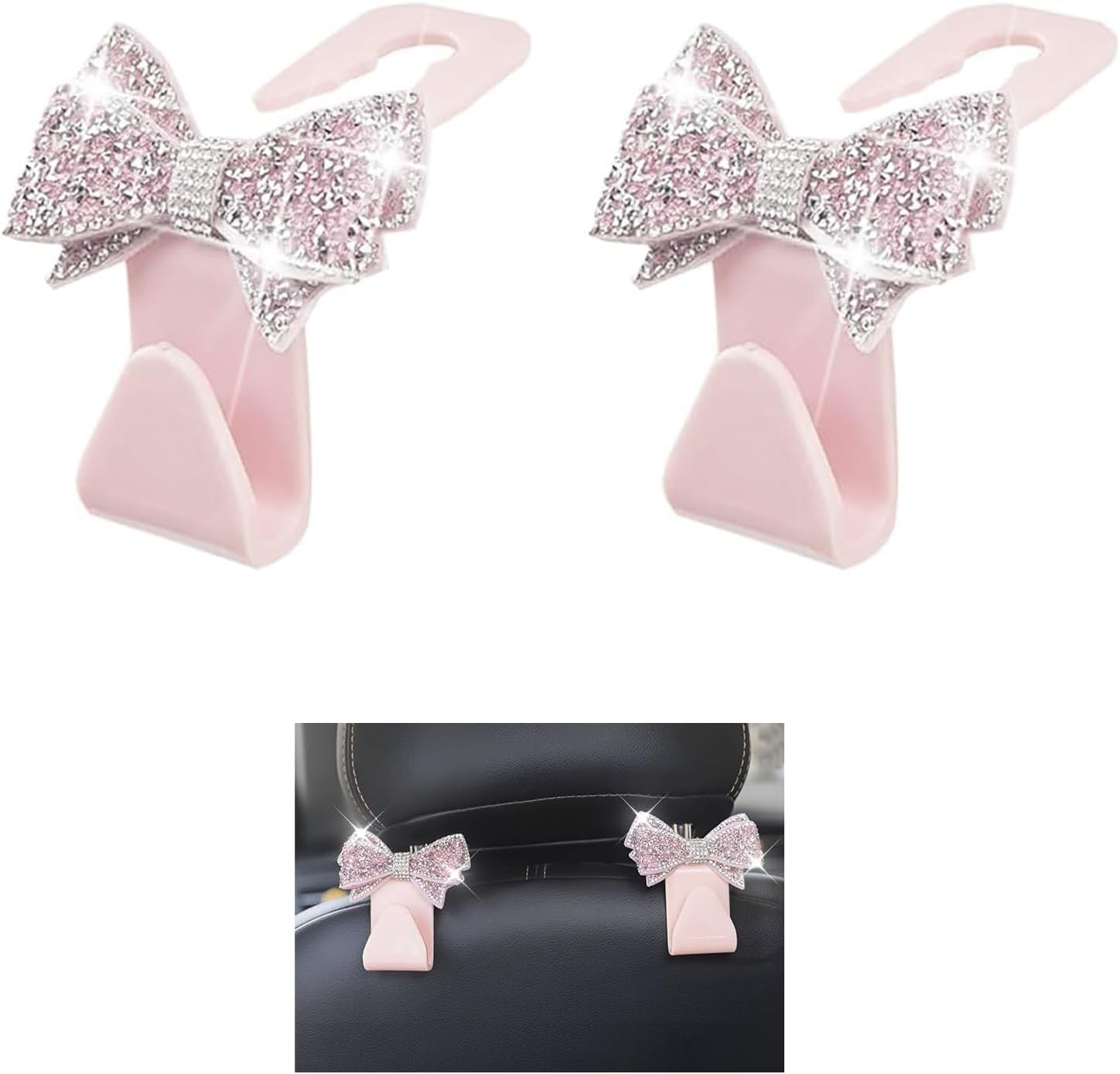 Zehiony 2 PCS Bling Bow Car Headrest Hook, S Type PVC Seat Back Hanger for Purses Bags Grocery, Sparkling Rhinestone Car Seat Hook Storage Decor, Universal for Most Vehicles (Pink)