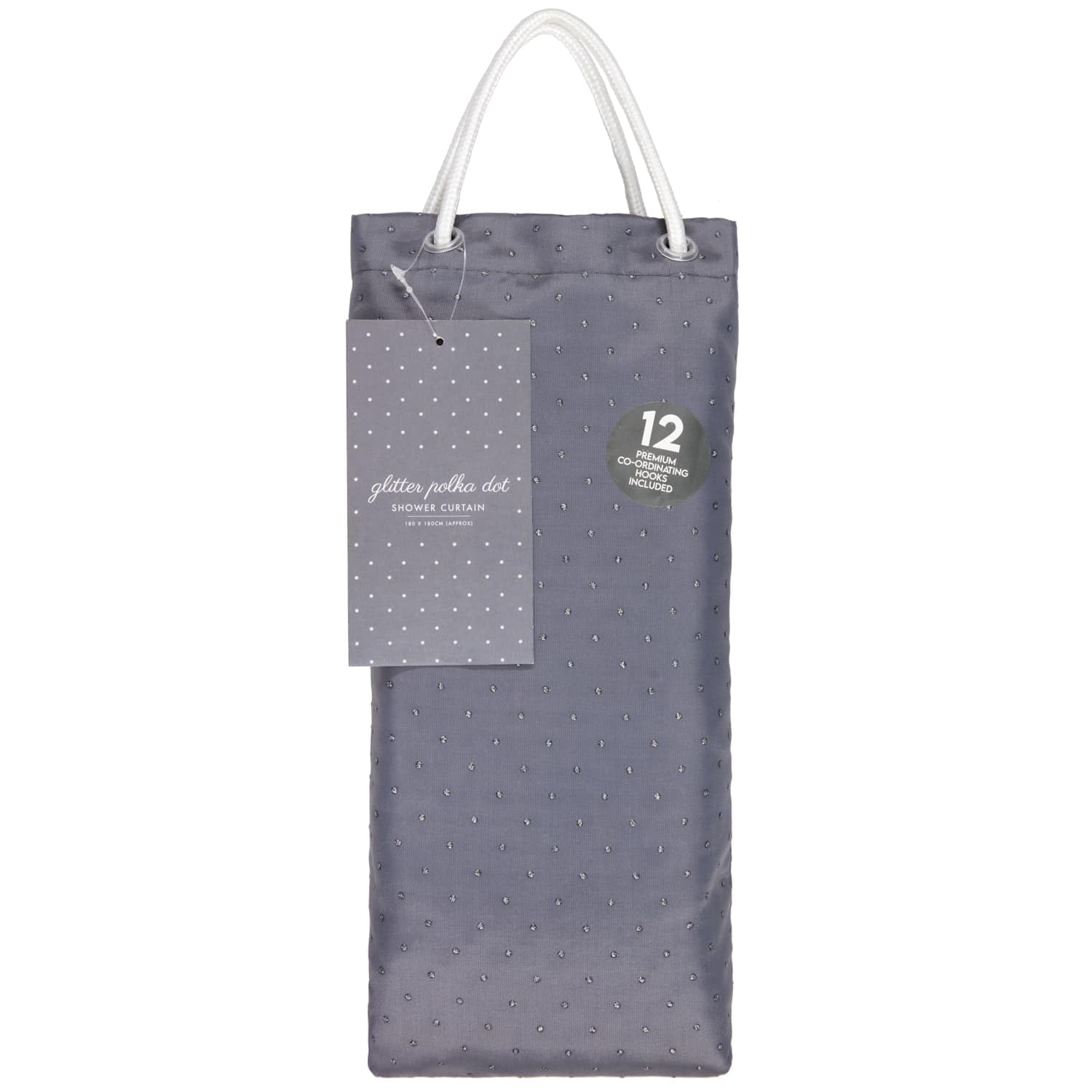 Glitter Polka Dot Shower Curtain Includes 12 Premium Co-Ordinating Hooks 33 x 14.5 x 3.5cm