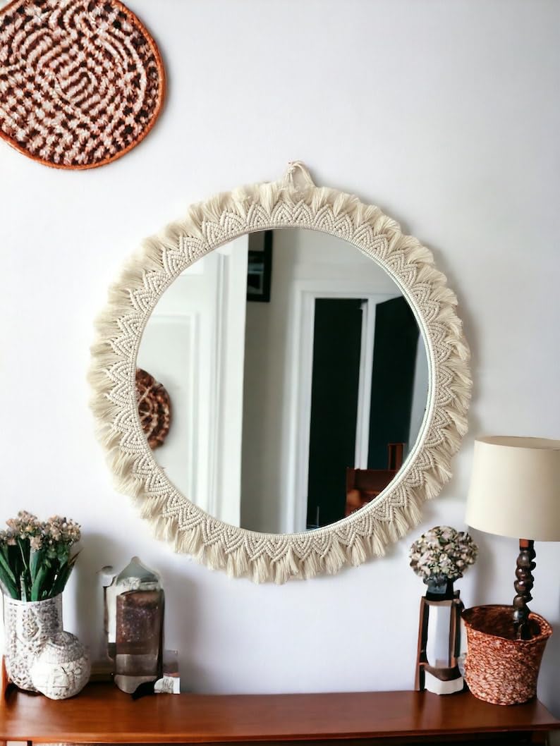 Mos Handicraft Round Wall Mirror with Macrame Fringe Border, Decorative Boho Mirror, 60 cm, Cream-image-43