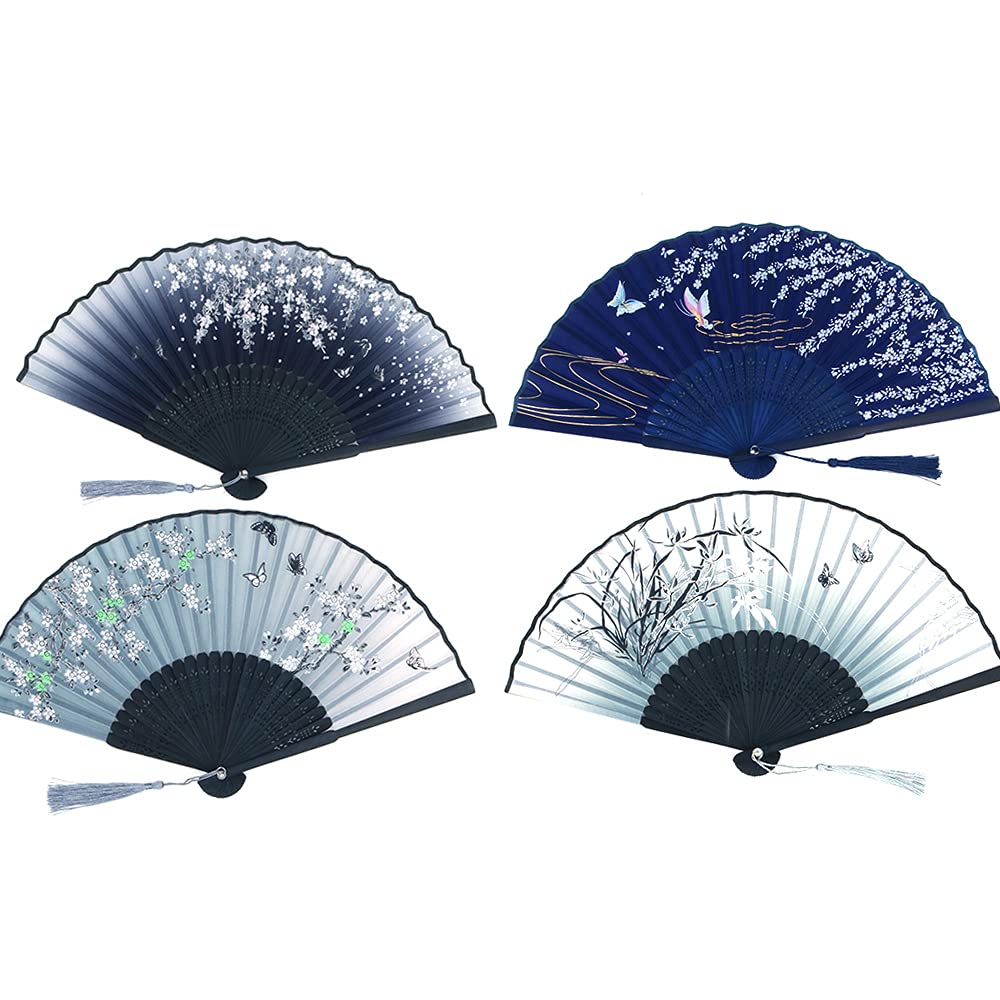 Ancllo Women's #3 4 Pieces Folding Fans Handheld Fans Bamboo Fans With Tassel Hollowed Bamboo Hand Holding Fans For Wall Decoration, Gifts