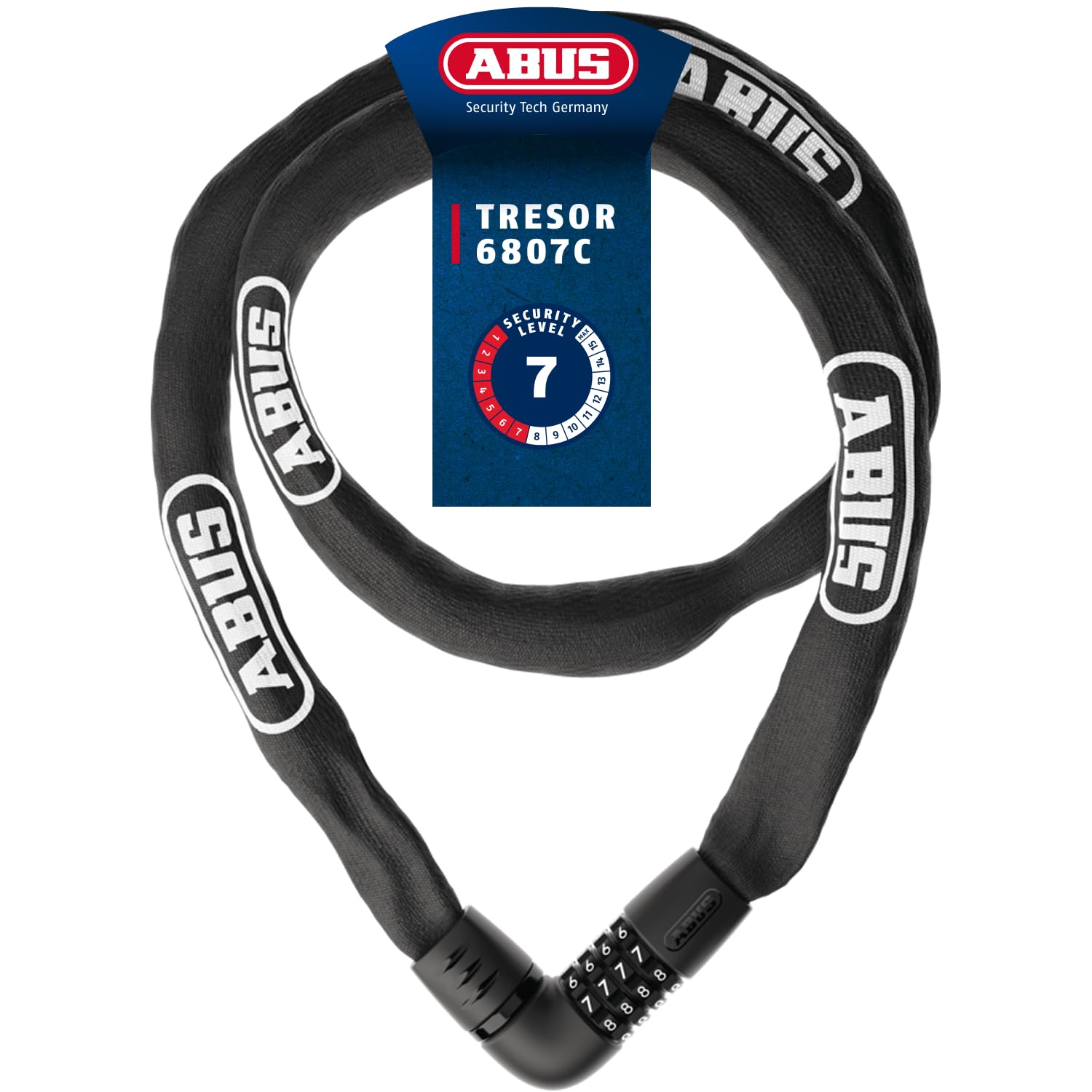 ABUS Kettenschloss Tresor 6807C, długość 140 cm, czarny | Zapięcie rowerowe z 4-cyfrowym kodem, łańcuchem kwadratowym 7 mm i ochroną przed sondowaniem