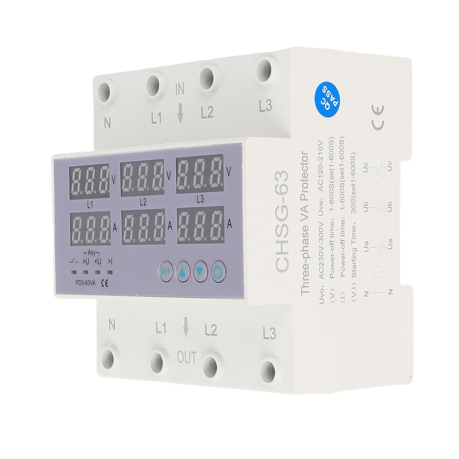 Misuratore di Potenza del Voltmetro su Guida DIN Trifase, AC 390‑500 V Amperometro Digitale Protezione da Sovracorrente da Sovratensione Automatica, Tester Elettrico Trifase Watt (63A)