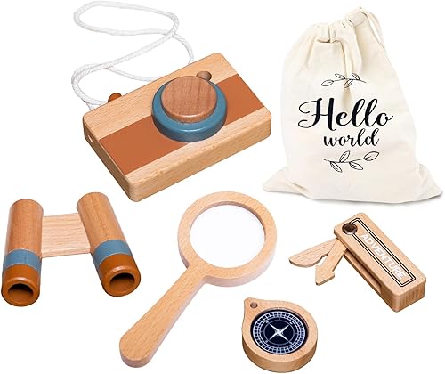 Juguetes de aventura de madera al aire libre, kit de juego de simulación con telescopio de madera, cámara, cuchillo de madera, brújula, lupa de 5