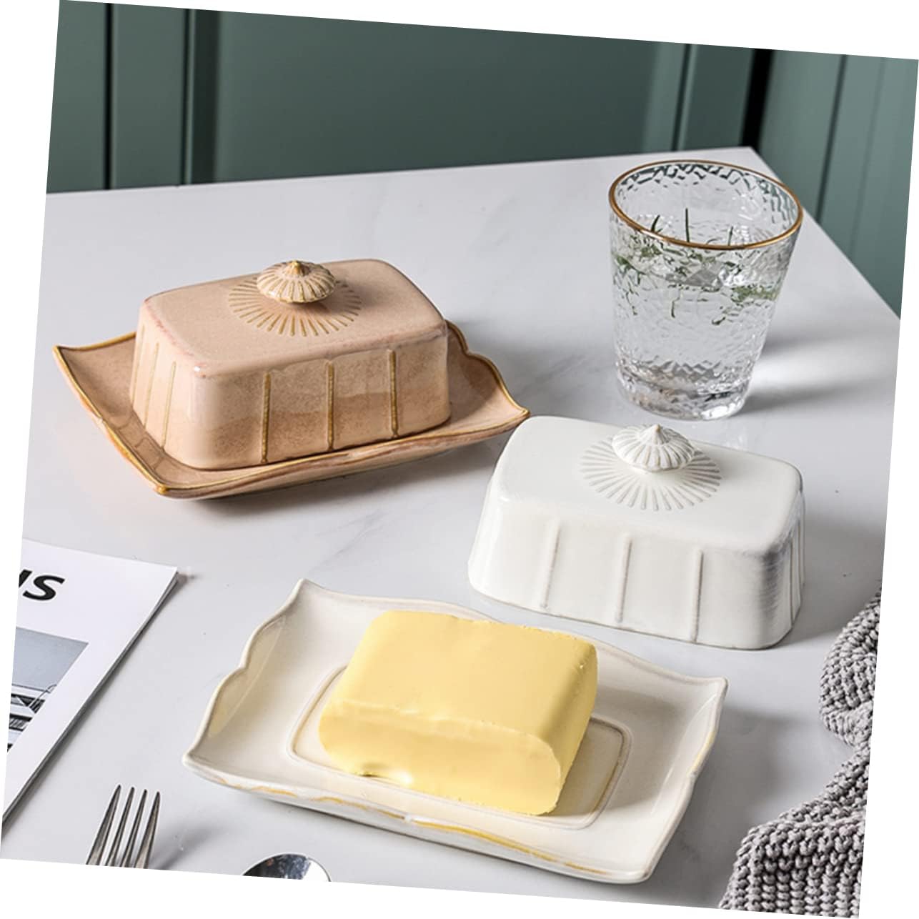 iplusmile Ceramic Butter Tray with Lid Elegant Rectangular Butter Dish Cheese and Desserts Easy Clean Chic Food Plate for Home Bakery and Kitchen Storage
