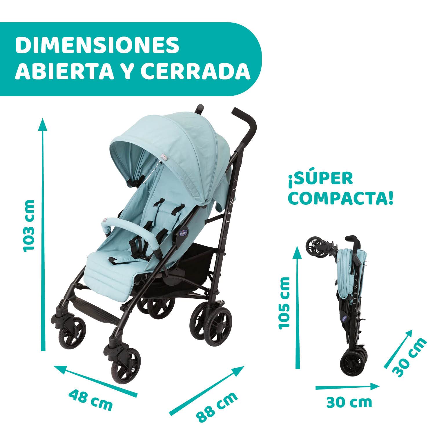 Chicco Silla de Paseo Liteway 4, Chasis de Aluminio Ligero, De 0 a 22Kg, Límite de Peso 25Kg, Manillas Acolchadas, Respaldo en 4 Posiciones, Reposapiernas, Capota XL Ajustable, Azul (Hydra)