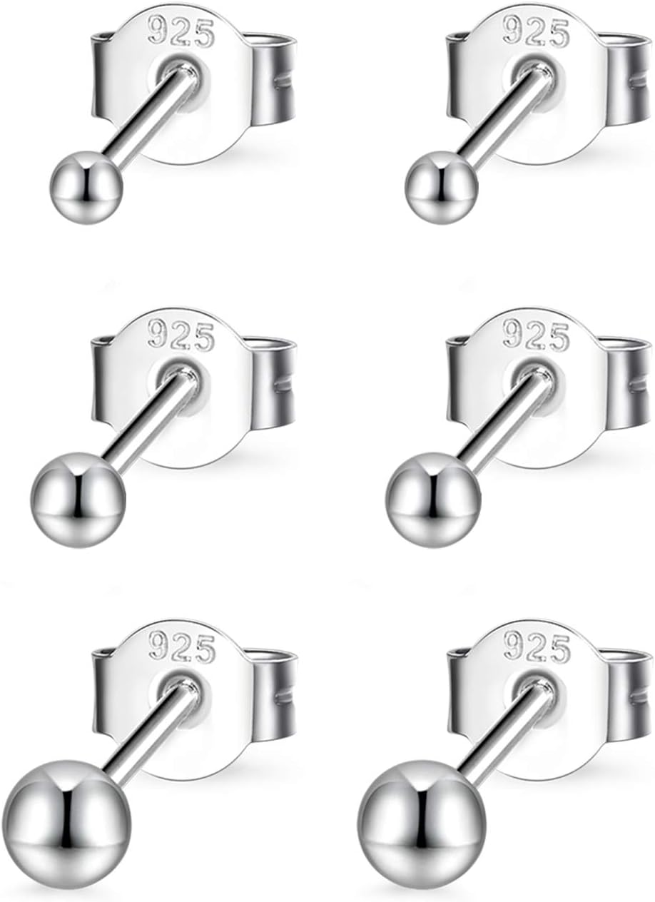 Sterling Silver Round Ball Stud Earrings for Women Men, 3 Pairs Hypoallergenic Small Tiny Stud Earring Set (Diameter 2/3/4mm)