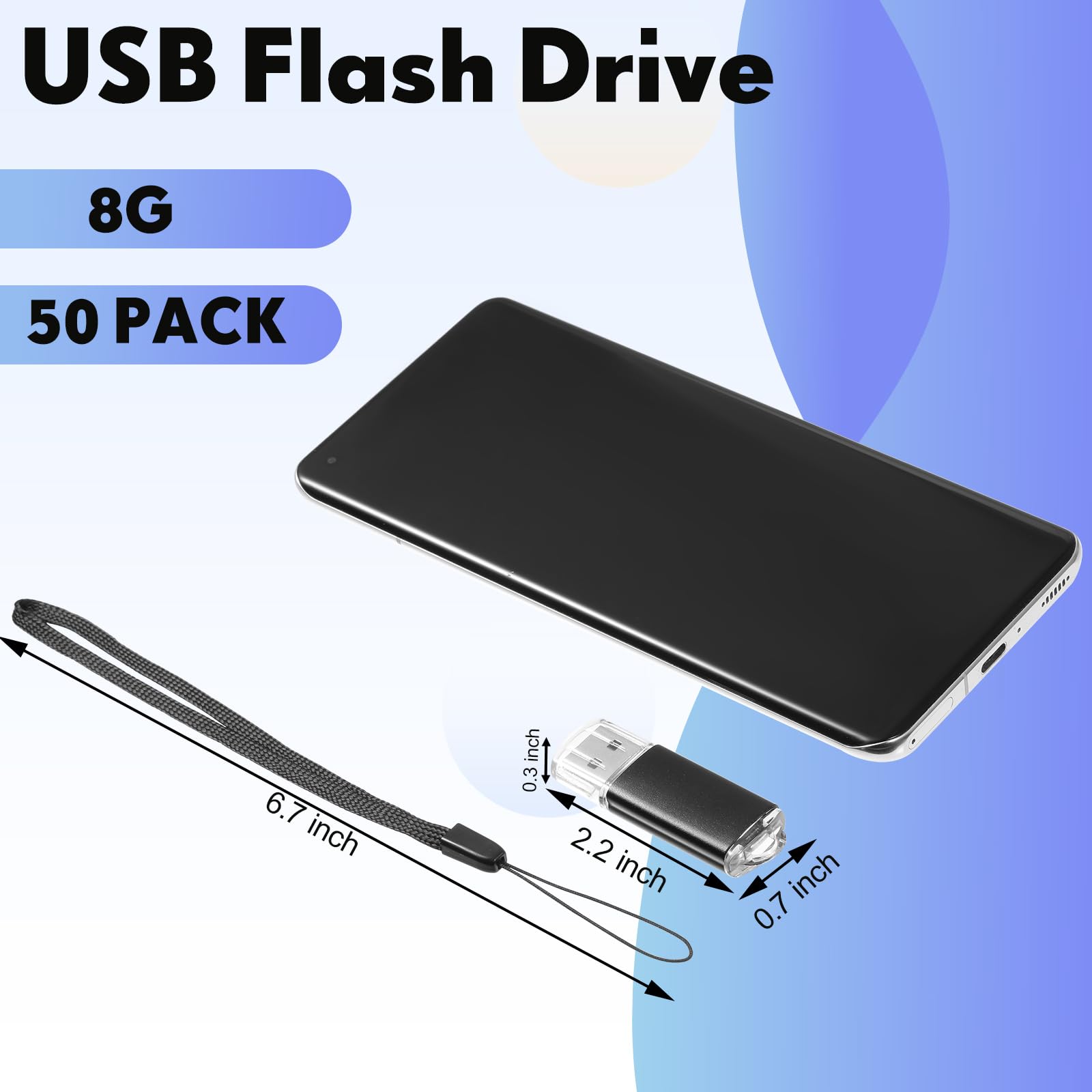 Hoteam USB-2.0-Flash-Laufwerke, tragbar, mit 50 schwarzen Umhängeband, USB-Schutzhülle für Büro, Schule, Datenspeicherung, Schwarz (8 GB), 50 Stück