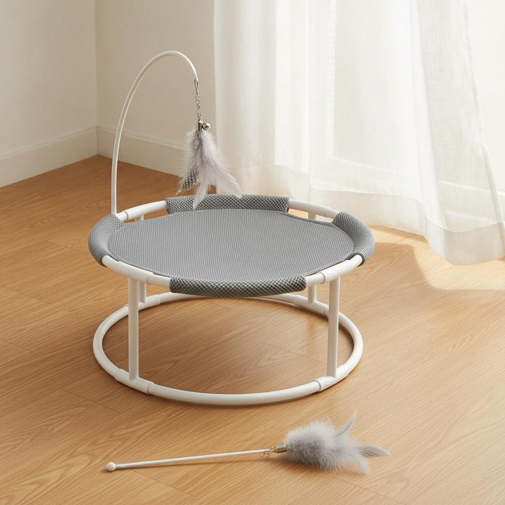 Amaca per Gatti e Cuccia per Animali Domestici, Lettino in Metallo Traspirante per Tutte le Stagioni, per gattini, Rosa chiaro, Con supporto rotondo da terra