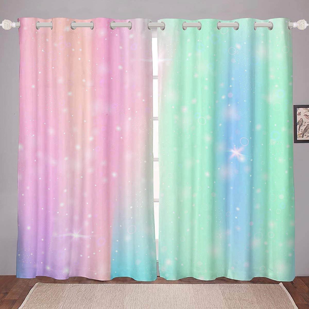 Homewish Tie Dye Curtains Girl Batik Window Treatment Rainbow Iridescent Gypsy Curtain Panels Trippy Window Drapes Pink Purple Blue Print Dorm Decorative Bedroom Kitchen 46"X54"