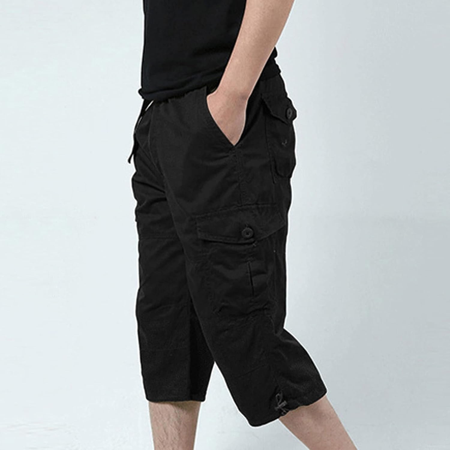 Men's 3/4 Summer Loose Casual Thin Work Shorts Relaxed Fit Below Knee Long Shorts Flap Pockets Cargo Capri Pants