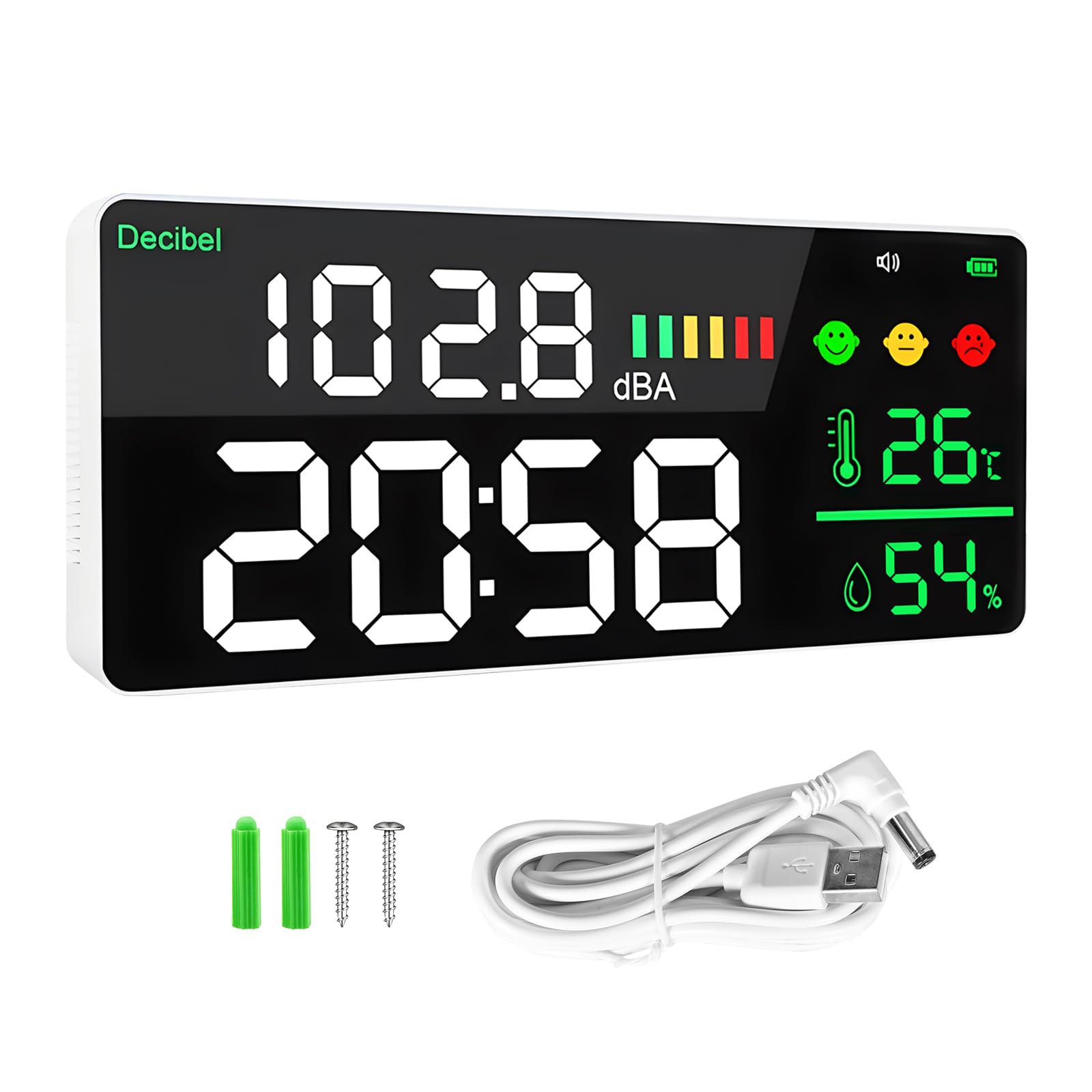 4-in-1 Digitales Dezibel-Schallmessgerät, LED-Farbbildschirm mit Geräusch, Zeit, Temperatur und Luftfeuchtigkeitsanzeige, 30-130 Dba, Schallpegelmesser für Büro, Fabrikhalle, Krankenhaus, Wandmontage