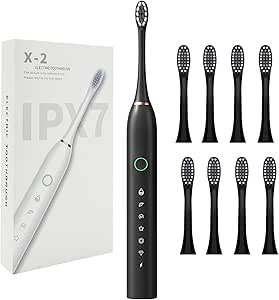 Rechargeable Electric Toothbrush, Waterproof Whitening Electric Tooth Brushes with 8 Brush Heads for Adults and Kids, Whitening Toothbrush with 6 Cleaning Modes and Smart Timer,Black