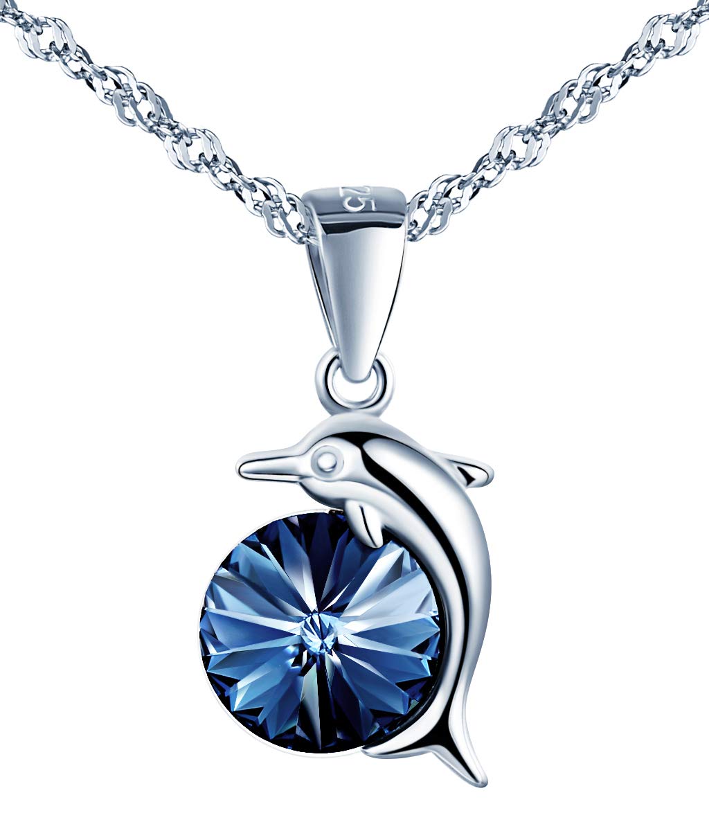 MICMIF Damen Halskette – 925 Sterling Silber Mit Blauem Kristall – Runder Sea Leveler Anhänger – Ozean-Design Für Frauen – 45 Cm Kette