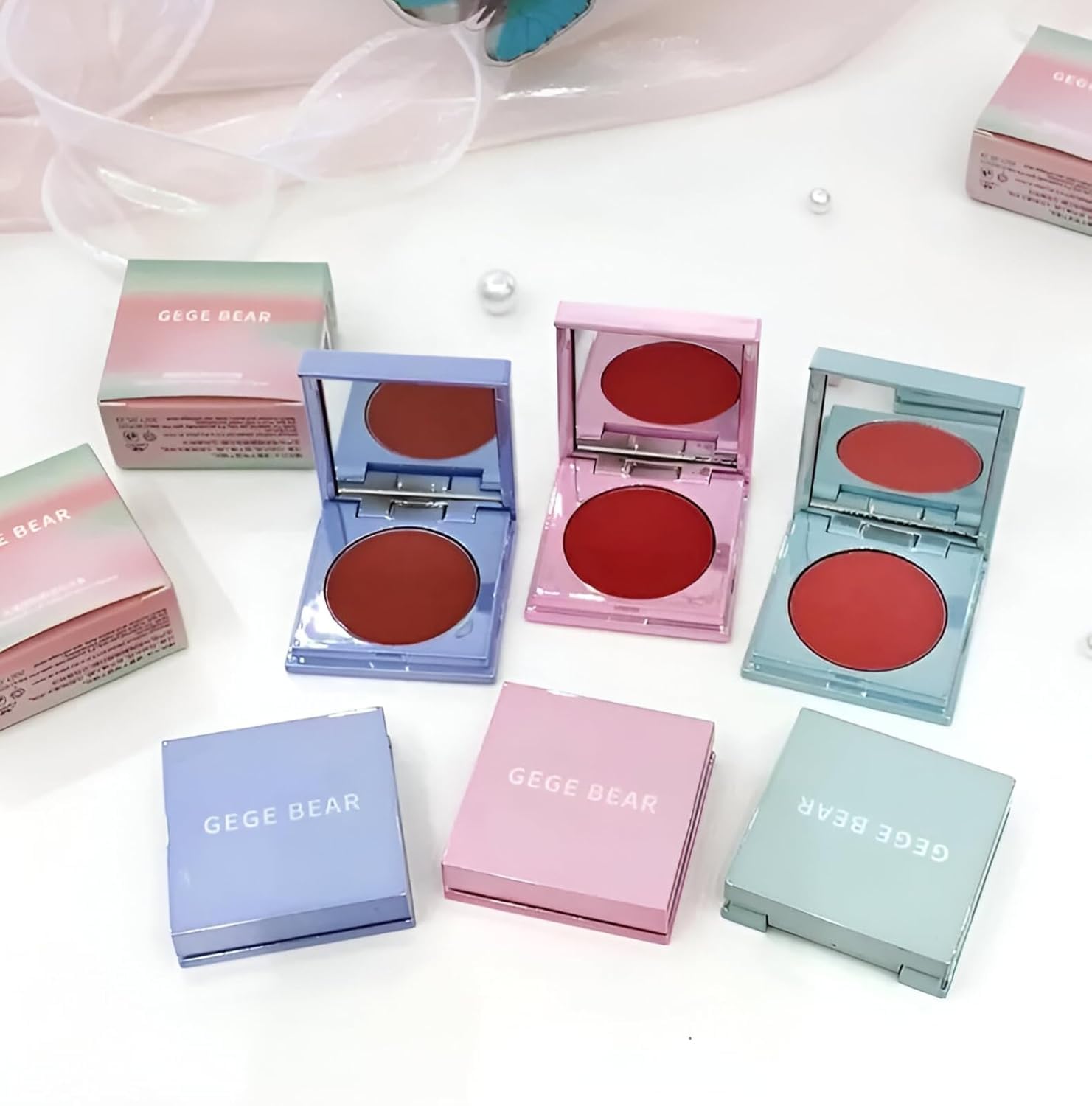Gege Bear Tipsy Cream Blush | Kawaii Aesthetic Pastel Colors Pink Light Brown Red Rose | Soft & Smoothly Blend | Lightweight Feel Long Lasting Waterproof | 2 in 1 Lip and Cheek Balm | Silk Heart Blush Compact | Glow for Cheeks | Best For Women (02# Xia Xiao, 2.5g)