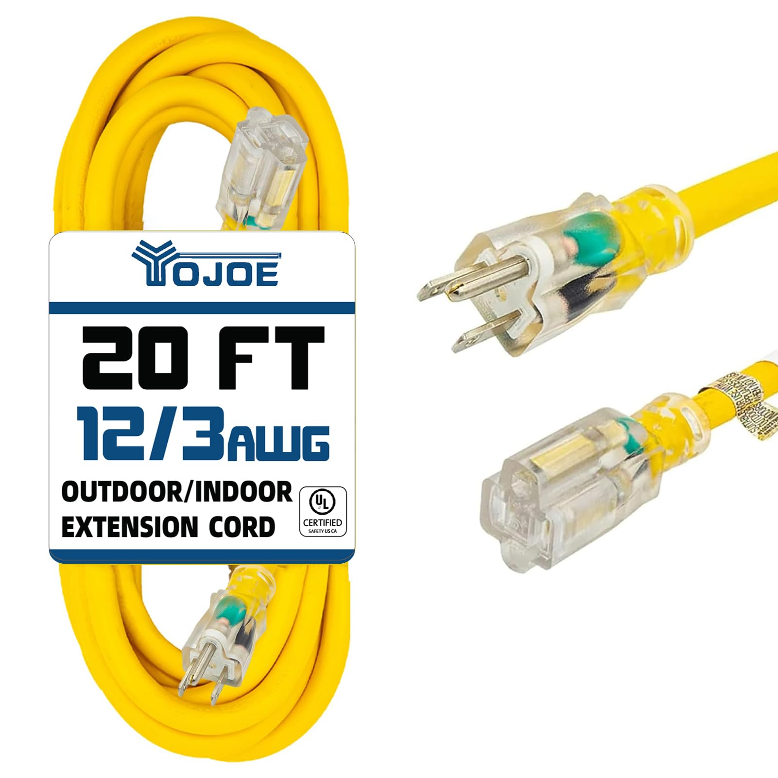YOJOE Cable de extensión para interior y exterior con extremo iluminado, cable de alimentación resistente a la intemperie, calibre 12, cable de extensión amarillo para garaje, jardín