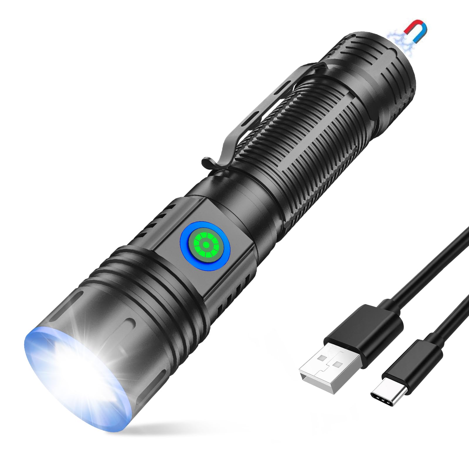 Small Flashlights High Lumens - LED Rechargeable Flashlight Long Beam Magnetic Flashlight Zoomable Waterproof for Home Emergency Search Tactical Spotlight Flash Light