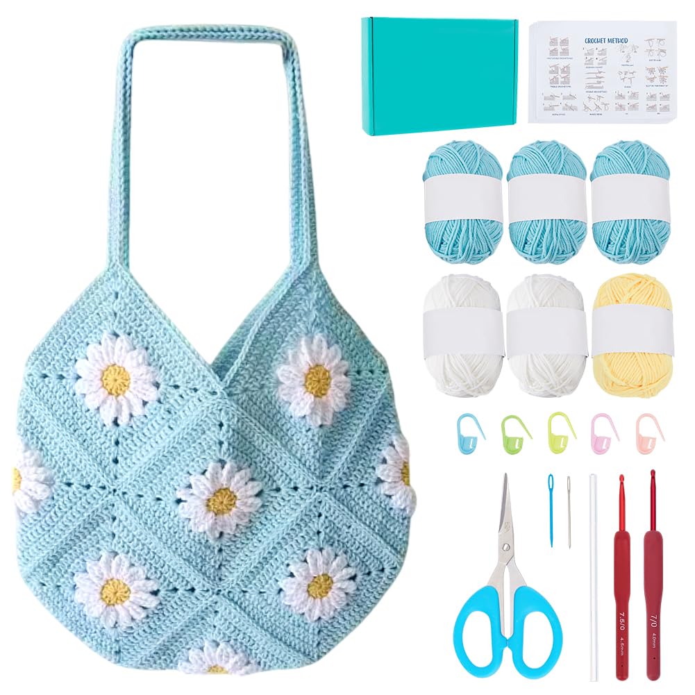ORIGACH DIY Daisy Crochet Bag Kit for Beginners Adults Crochet Granny Square Bag Kit with Instruction Video Tutorials