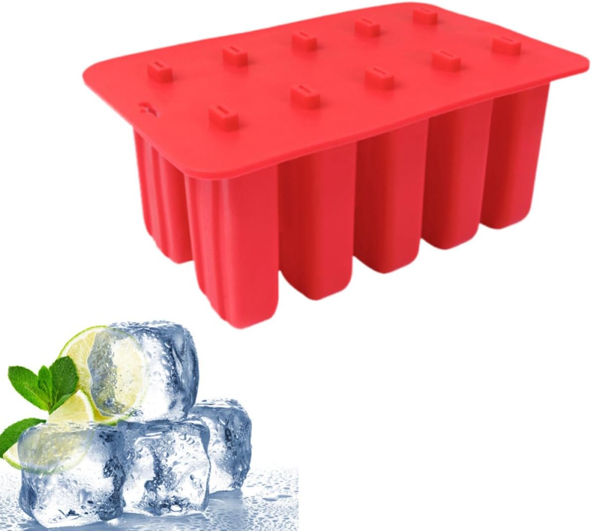 Red Silicone Ice Pop Mold with 10 Grids for Home Daily Use