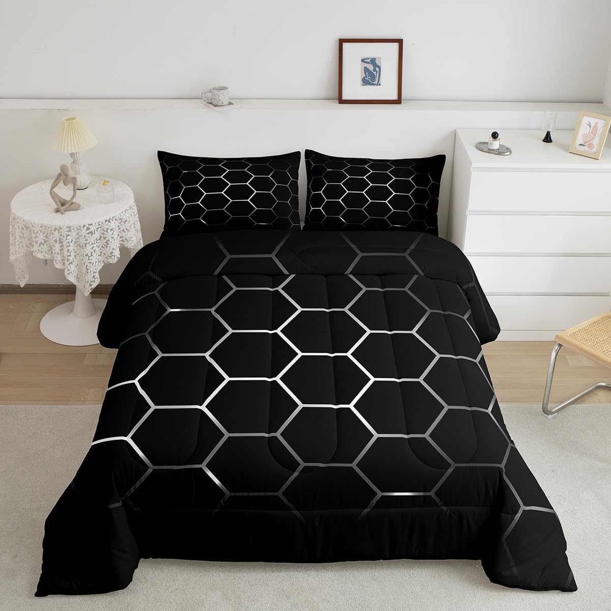 Feelyou Honeycomb Comforter Set Geometry Bedding Set for Kids Boys Girls Hexagon Artwork Comforter White Black Decor Quilt Collection 3Pcs King Size Boys Multi 2 King