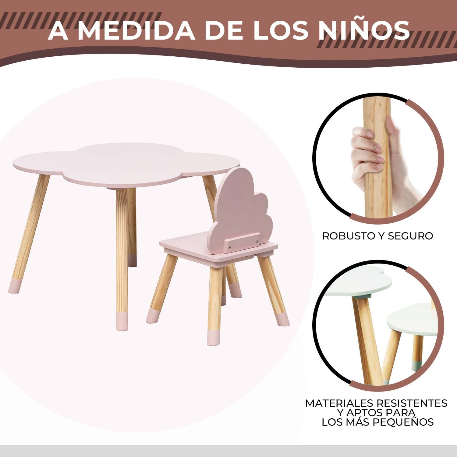 Rebecca Mobili Set de Mesa y 2 Sillas para Niños, para la Decoración de la Habitación de los Niños, Rosa Marrón, MDF Pino - Dimensiones: 44 x 60 x 60 cm / 50 x 25 x 25 cm - Art. RE6899