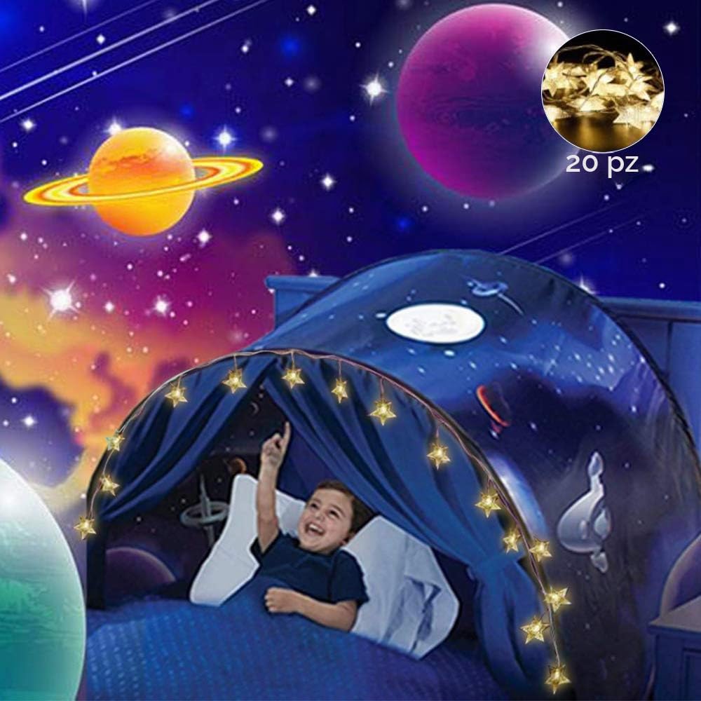 Dream Tents Unisex - Tenda da letto per bambini Pop Up con LED, tunnel pieghevole, gioco con luce, regalo di compleanno di Natale (passeggiata nello spazio)