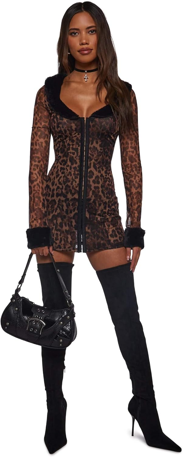 Dolls Kill Nine Lives Midi Dress by Generation Kiss – Leopard Mesh with Faux Fur Collar & Cuffs, Long Sleeves & Hook Front