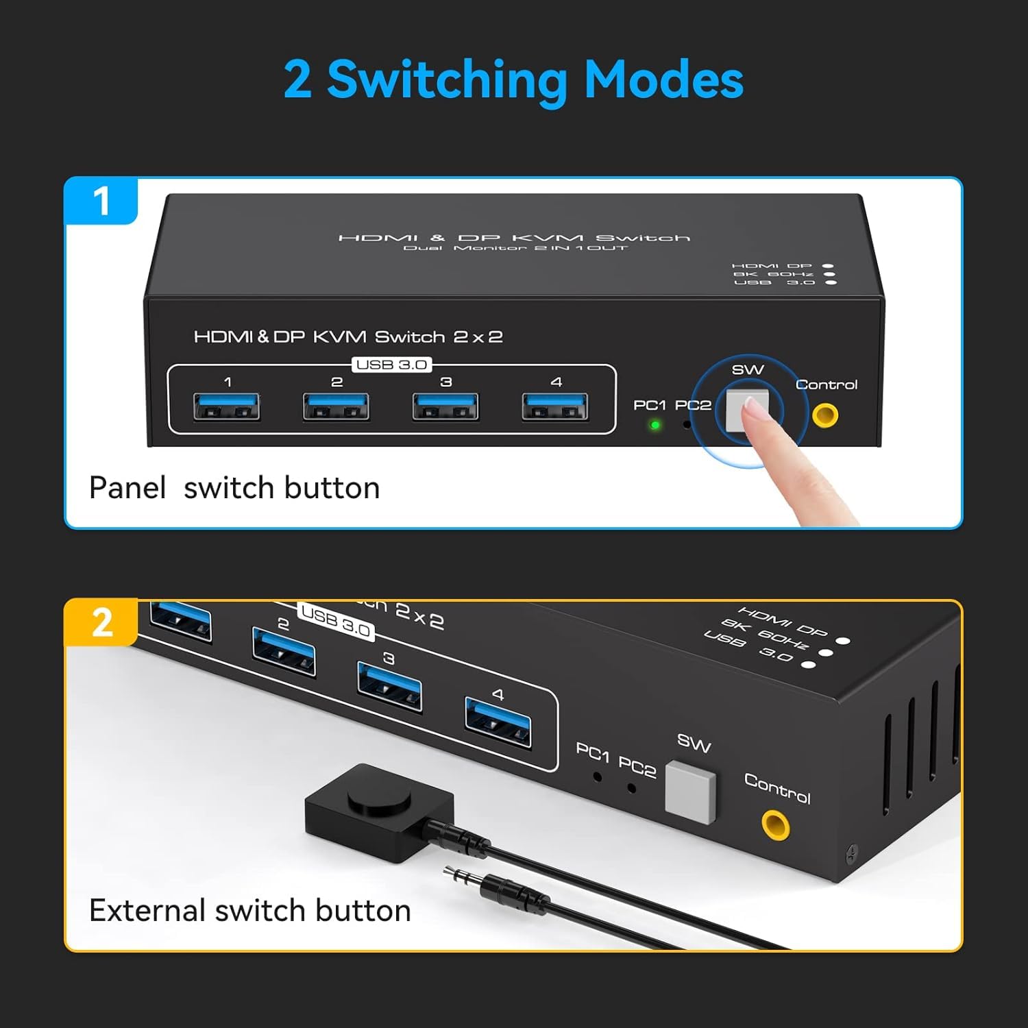 VPFET Commutateur KVM DisplayPort HDMI 4K120Hz - 2 ordinateurs, 2 moniteurs, 8K60Hz - Commutateur double moniteur pour 2 PC avec 4 ports USB 3.0 - Copie et affichage étendu, contrôle de bureau
