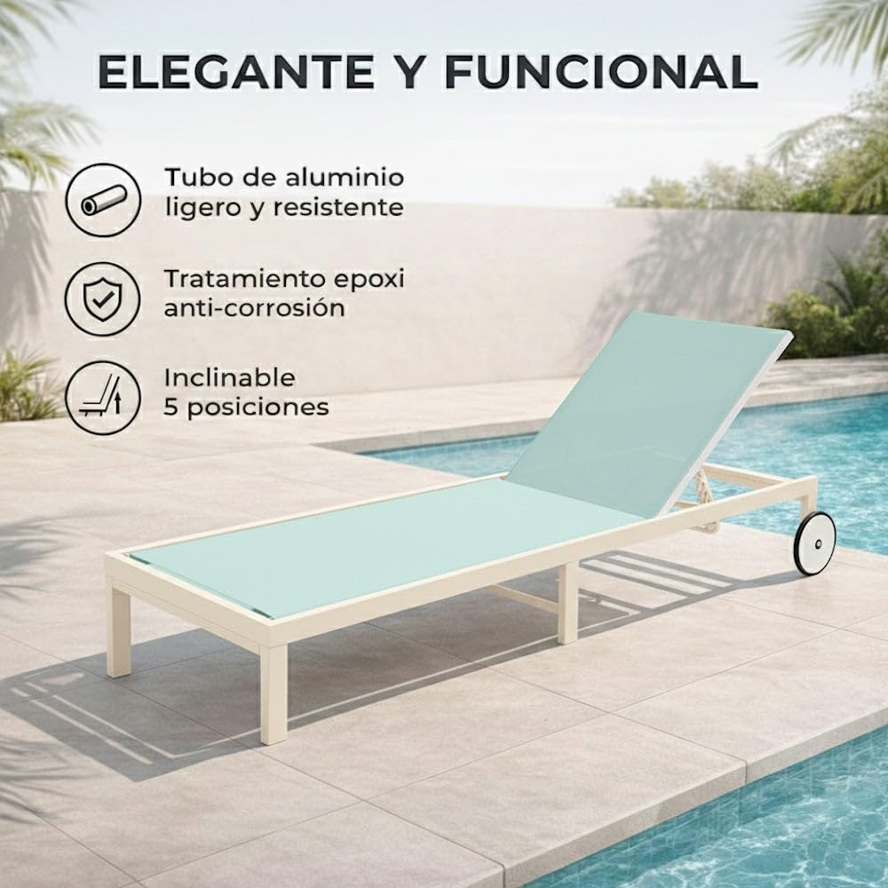 Tumbona de jardín y exterior Zulima Luxe de aluminio blanco y azul turquesa | Reclinable, con Ruedas y textileno transpirable. Tratamiento epoxi para exteriores. Relax en terraza y piscina. Mejorada 2026