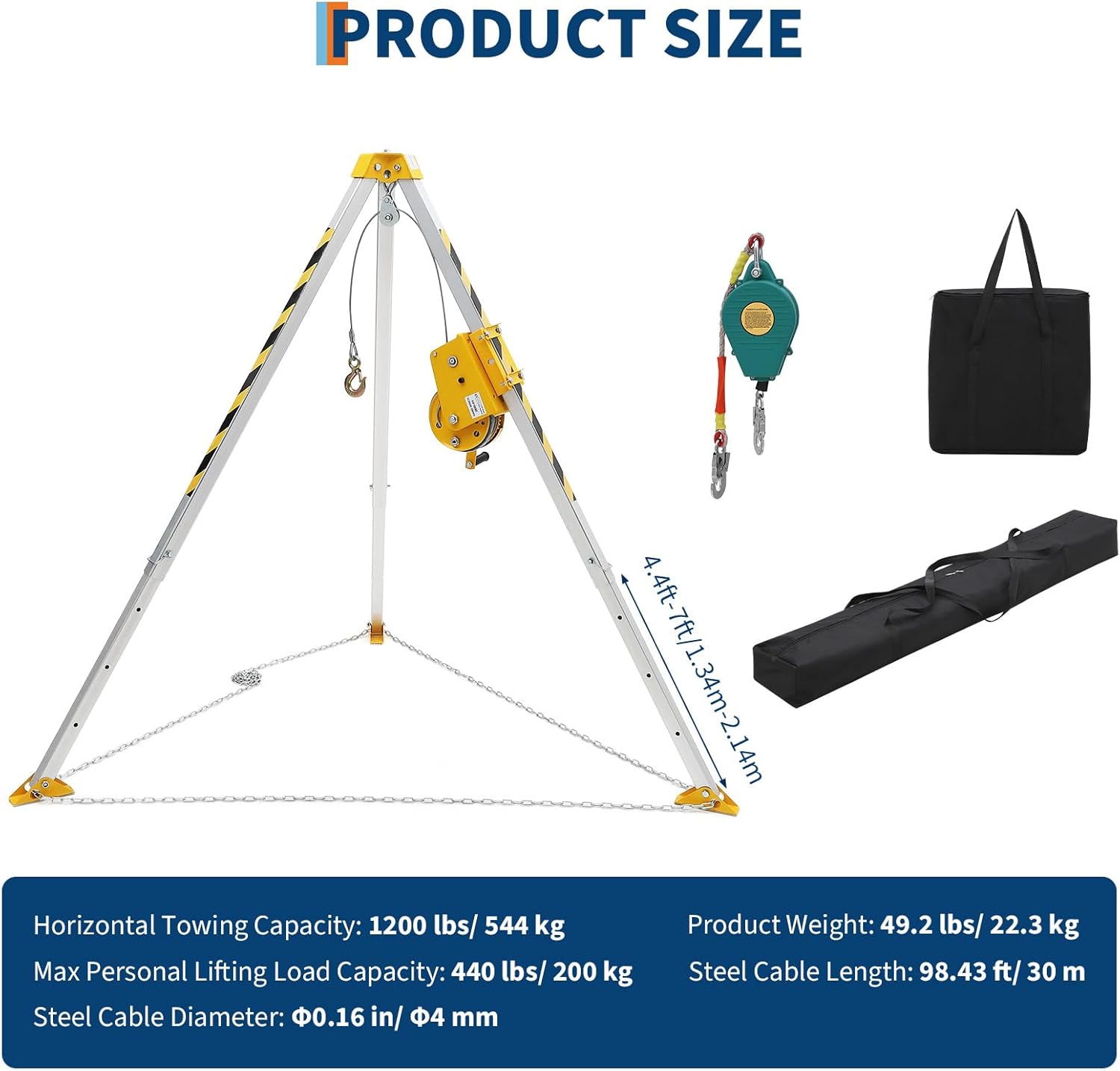 Confined Space Rescue Tripod Kit with 1200 lbs Winch, 7 ft Legs, 98 ft Cable, Steel Construction, 33 ft Fall Protection and Storage Bag for Traditional Confined Spaces Safety