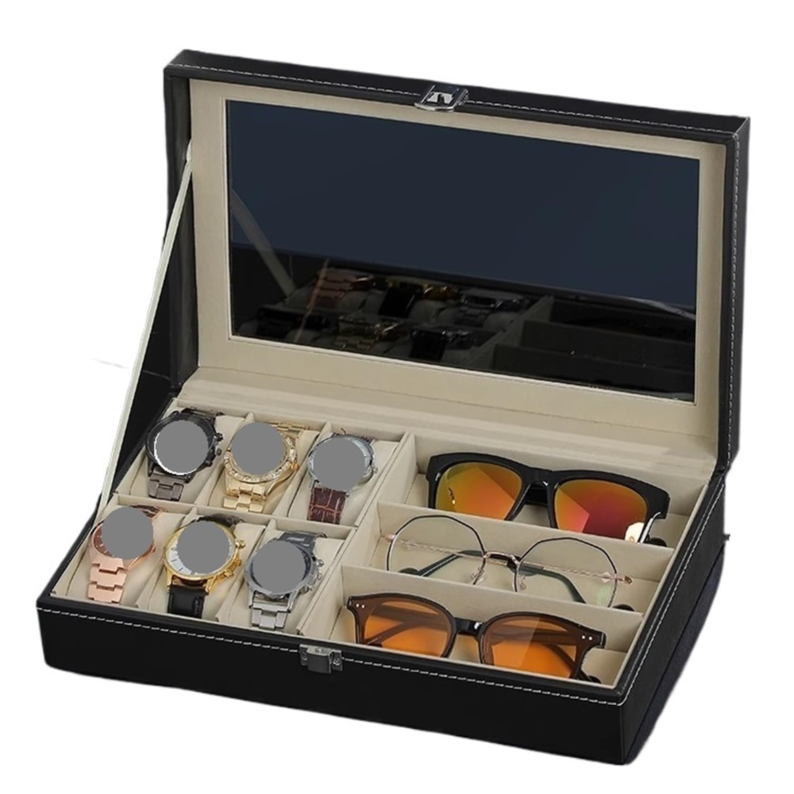 Organizador Para Gafas De Sol Estuche de gafas de cuero PU, gafas de sol de gran capacidad for hombres, gafas de sol for mujeres, estuche for gafas for miopía, caja for presentación de joyas(3 Slot Be