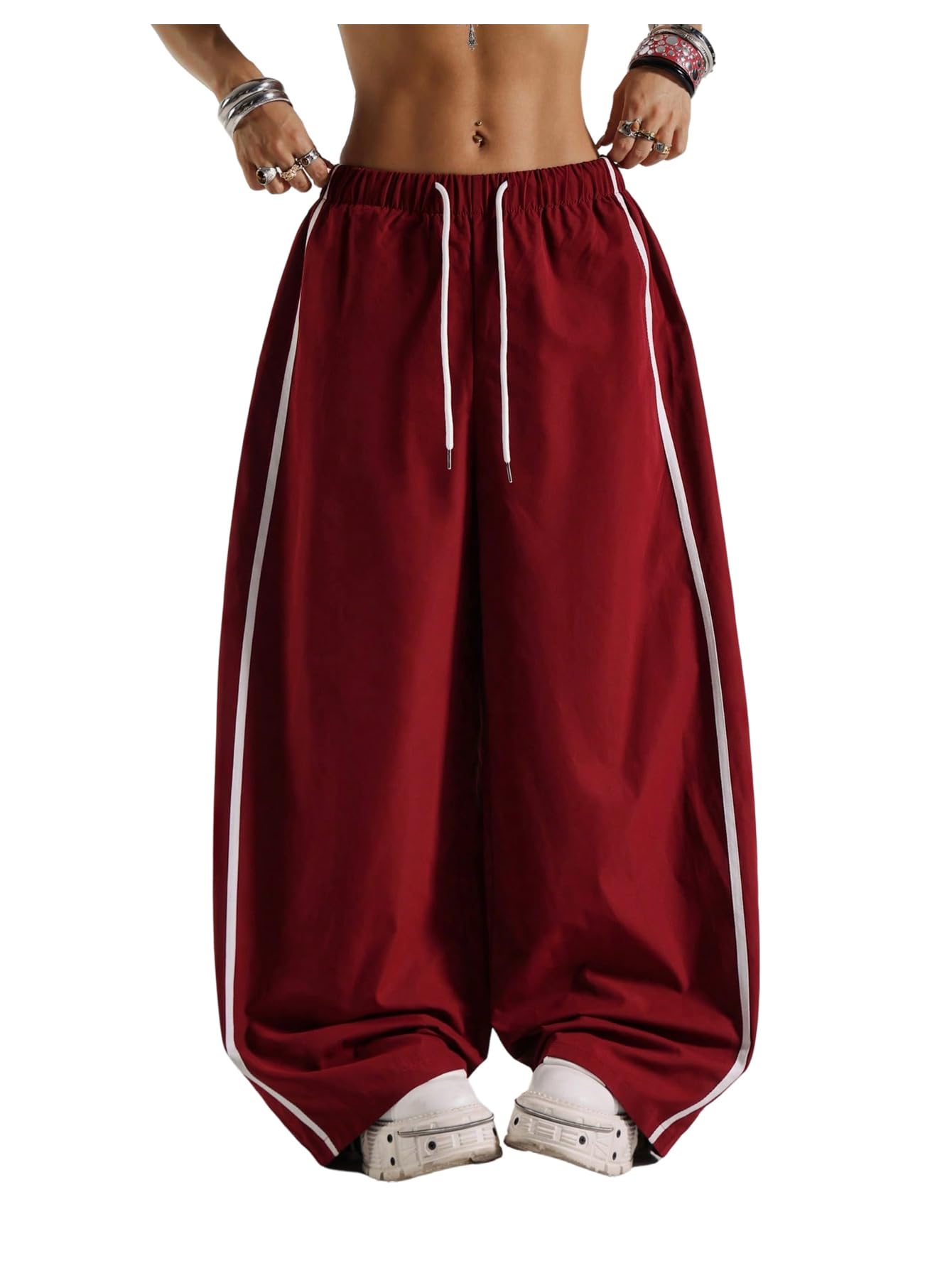Womens Striped Baggy Pants Drawstring Waist Wide Leg Sports Athletic Trousers
