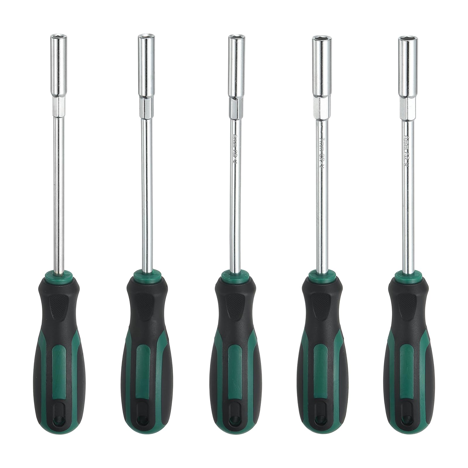 sourcing map 5 Pcs Metric Nut Driver 5mm/5.5mm/6mm/7mm/8mm CR-V Non-Magnetic Tip Hollow Shafts Hex Socket Screwdriver with Anti-Slip Handle for Automobile Repair Bit Driver, Green/Black