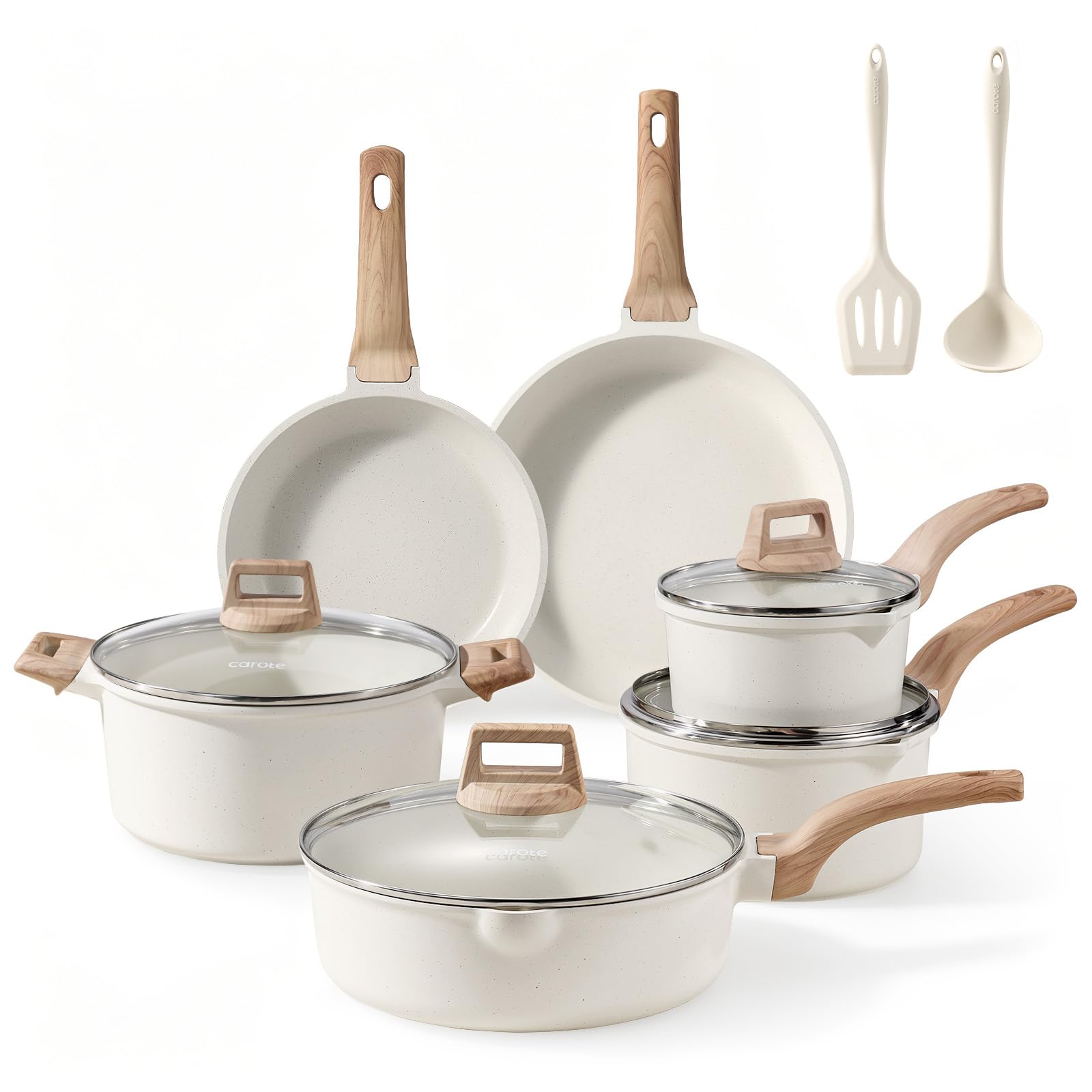 CAROTE 12-Piece Nonstick Pots and Pans Set with Lids&Utensils(Cream White