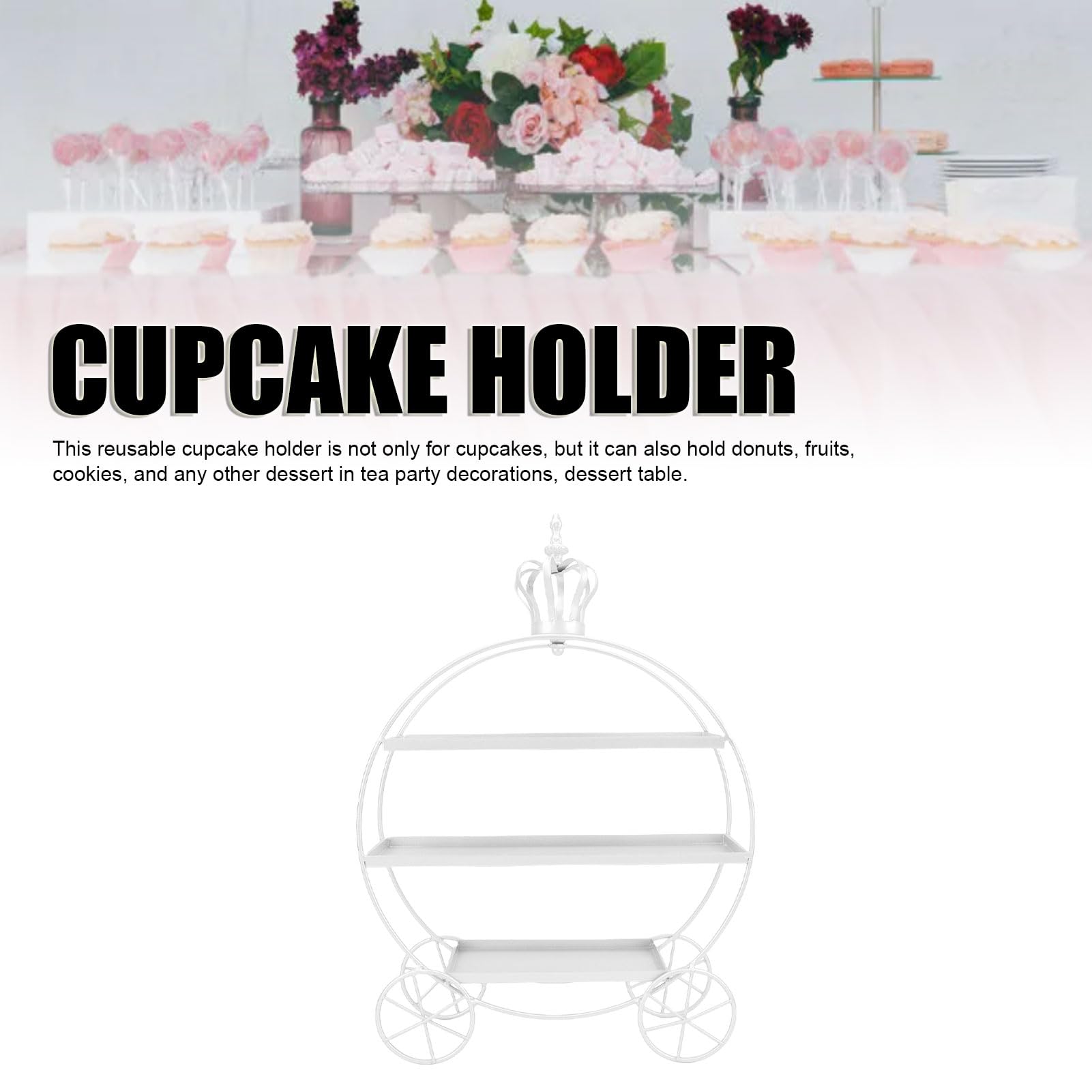 Présentoir à Cupcakes à 3 Étages, Présentoir à Desserts en Fer Forgé en Forme de Couronne, Plateau de Service Métallique à Étages pour Cupcakes, Beignets, Fruits et Biscuits(Blanc)
