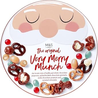 Christmas Very Merry Munch Mix Tin M&S, 460g - Milk & White Chocolate, Salted & Dark Chocolate Pretzels, Chocolate Peanuts, Random Design
