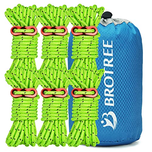 Brotree テントロープ パラコード ガイロープ タープロープ ガイライン 反射材入り 耐荷重250KG 径 5mm 長さ 4m x 6本/8本 セット 自在金具 収納袋付き