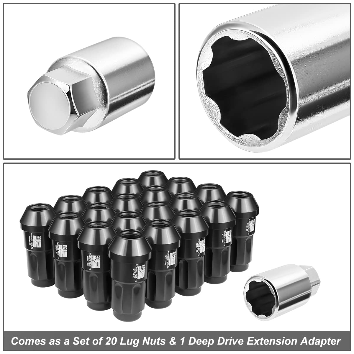 J2 Engineering J2-LN-T7-035-15-BK M12 x 1,5 T6-7075 Dadi a estremità chiusa in alluminio da 50 mm con adattatore di estensione Deep Drive, nero