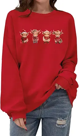 Women Highland Cow Sweatshirt Cute Cowgirl Gift Christmas Farm Sweatshirt Ribbon Long Sleeve Shirts
