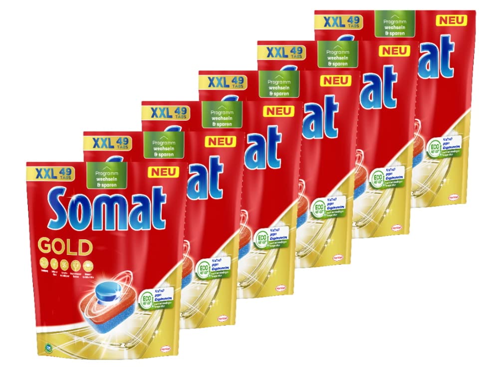 Somat Gold Spülmaschinen Tabs (6x49 Tabs), Geschirrspül Tabs für strahlend sauberes Geschirr auch bei niedrigen Temperaturen, Extra-Kraft gegen Eingebranntes