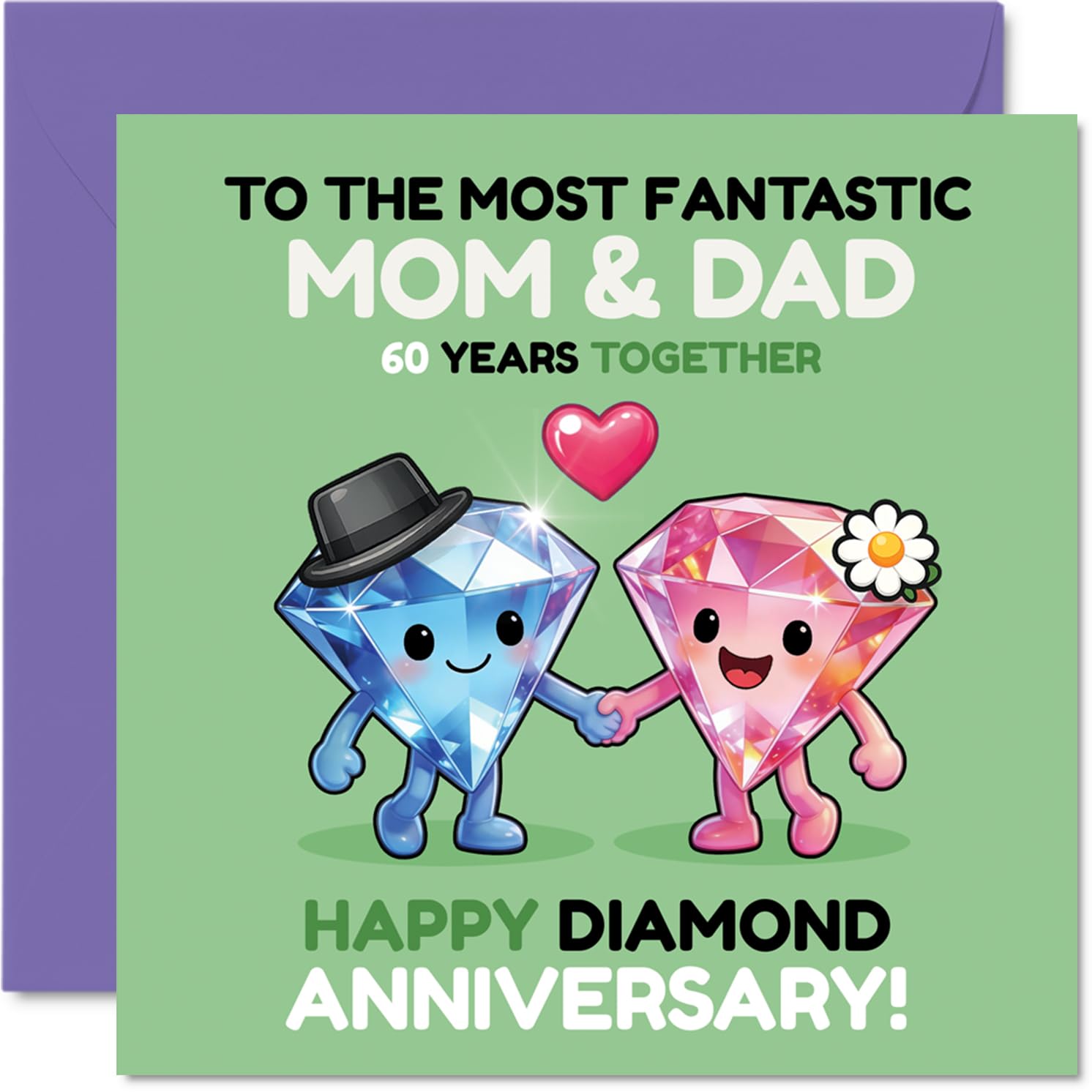 Milestone 60th Anniversary Card for Mum & Dad - Diamond-worthy Giggles - Cute Dancing Diamond Characters Celebrate 60 Sparkling Years - 145mm Square, Envelope Included